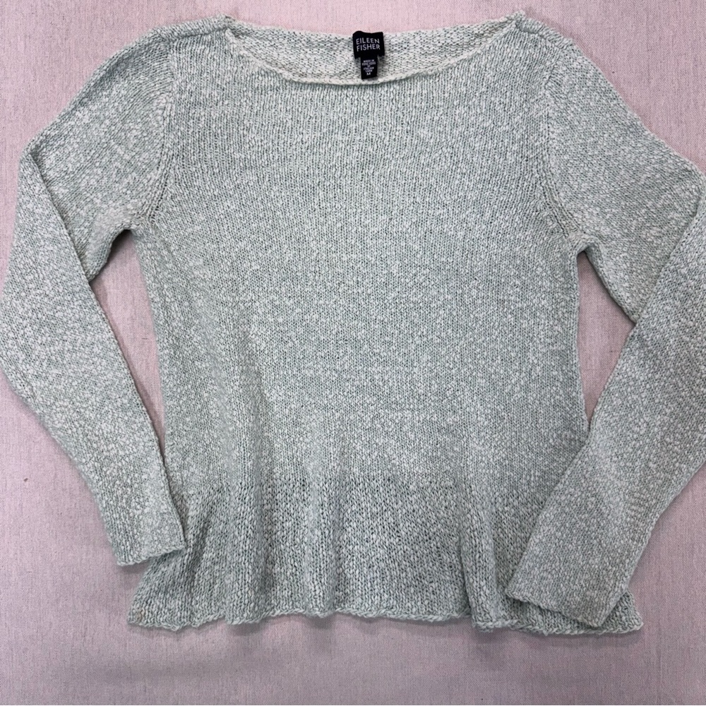 Vintage Eileen Fisher Marled Minty Green Chunky Open Knit Sweater Flair Waist  M